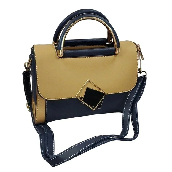 Blue and Tan Two-Tone Cross Body Purse With Golden Accents, Adjustable Strap - Picture 1 of 7